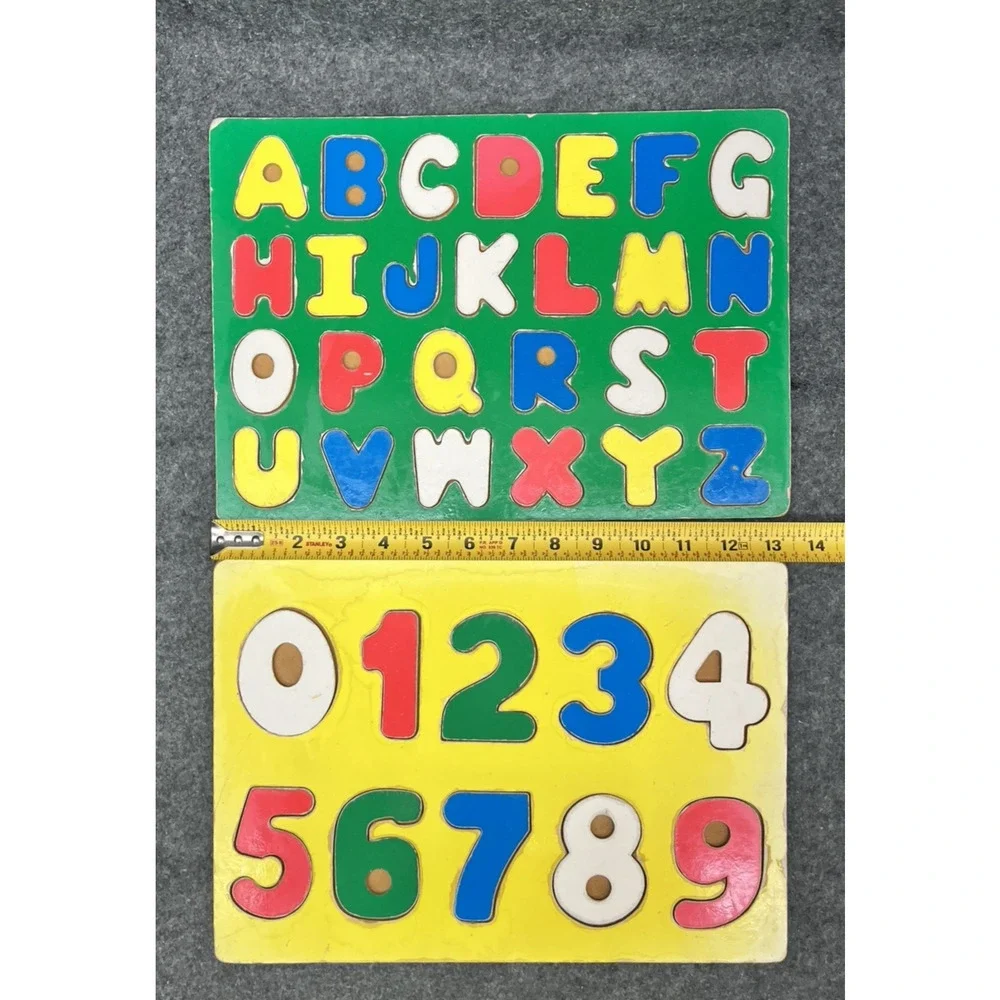 VTG Wooden ABC Alphabet 123 Number Puzzle Set of 2 Flat Inlay Toddler Montessori